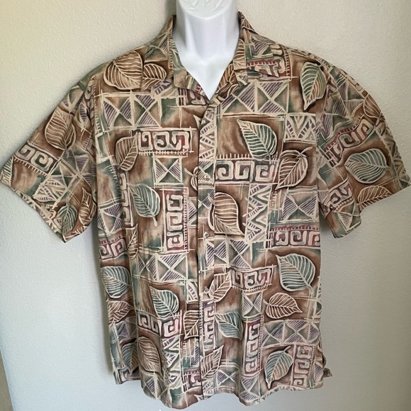Cooke Street Honolulu Hawaiian Shirt Brown Green Leaf Print Made in USA Cotton - Picture 5 of 8